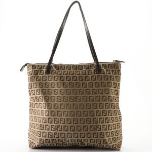 Authentic Fendi Zucca Canvas & Leather Zip Top Tote
